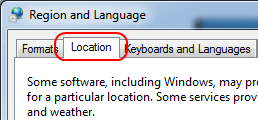Windows 7 Region and Language, Location